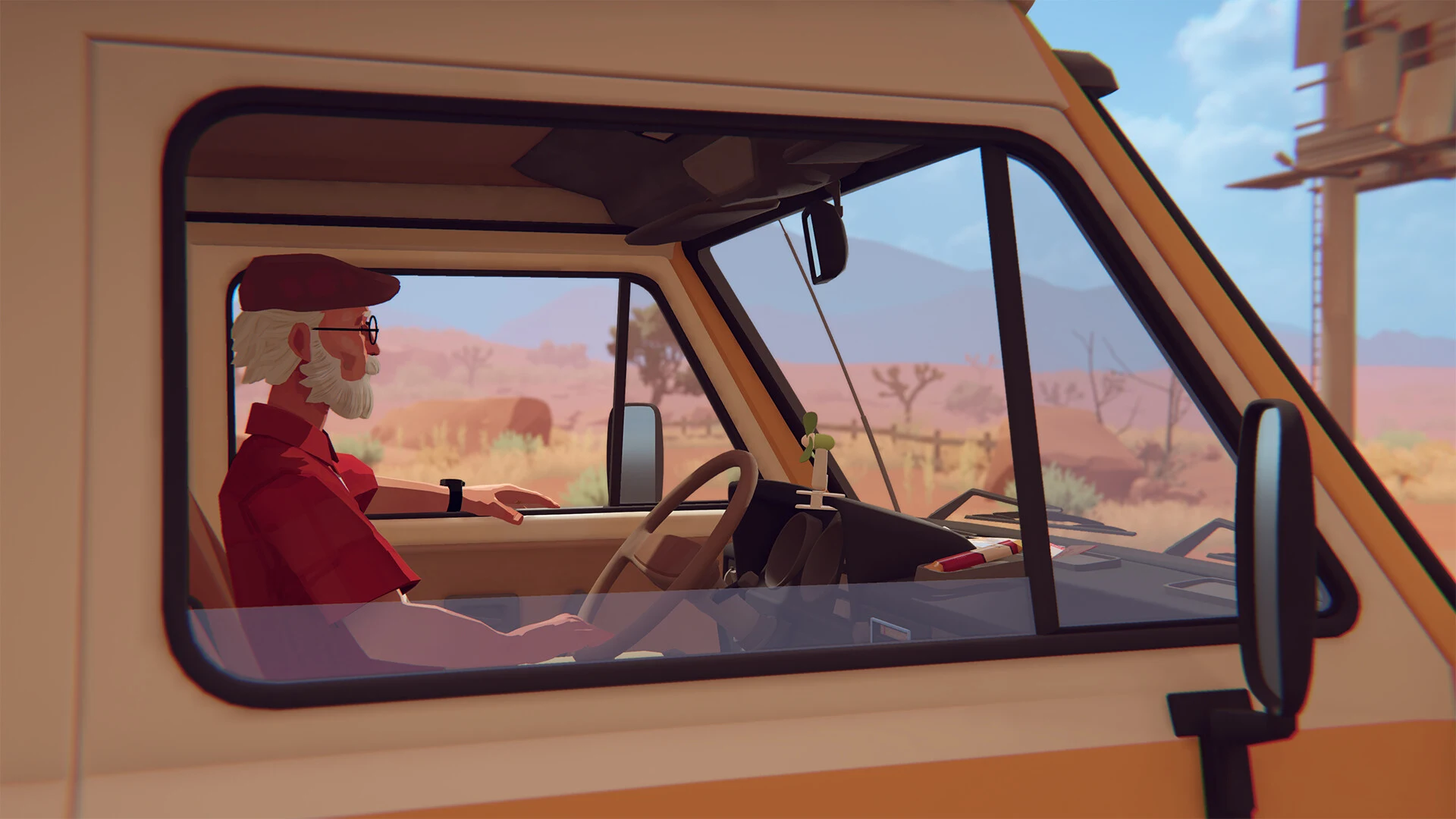The view from Alfred’s camper across a desert landscape in Forever Ago